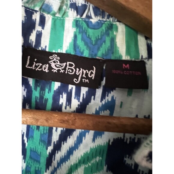 Liza Byrd Womens M Turquoise Navy Blue Print Long Sleeve boho tunic top Ikat - Picture 3 of 5